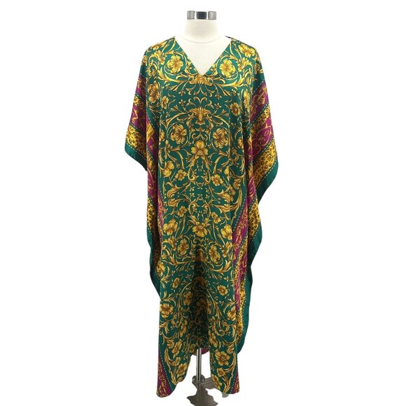 Vintage Winlar Womens One Size Dress Kaftan Satin Floral Animal Print Maxi - Picture 1 of 7